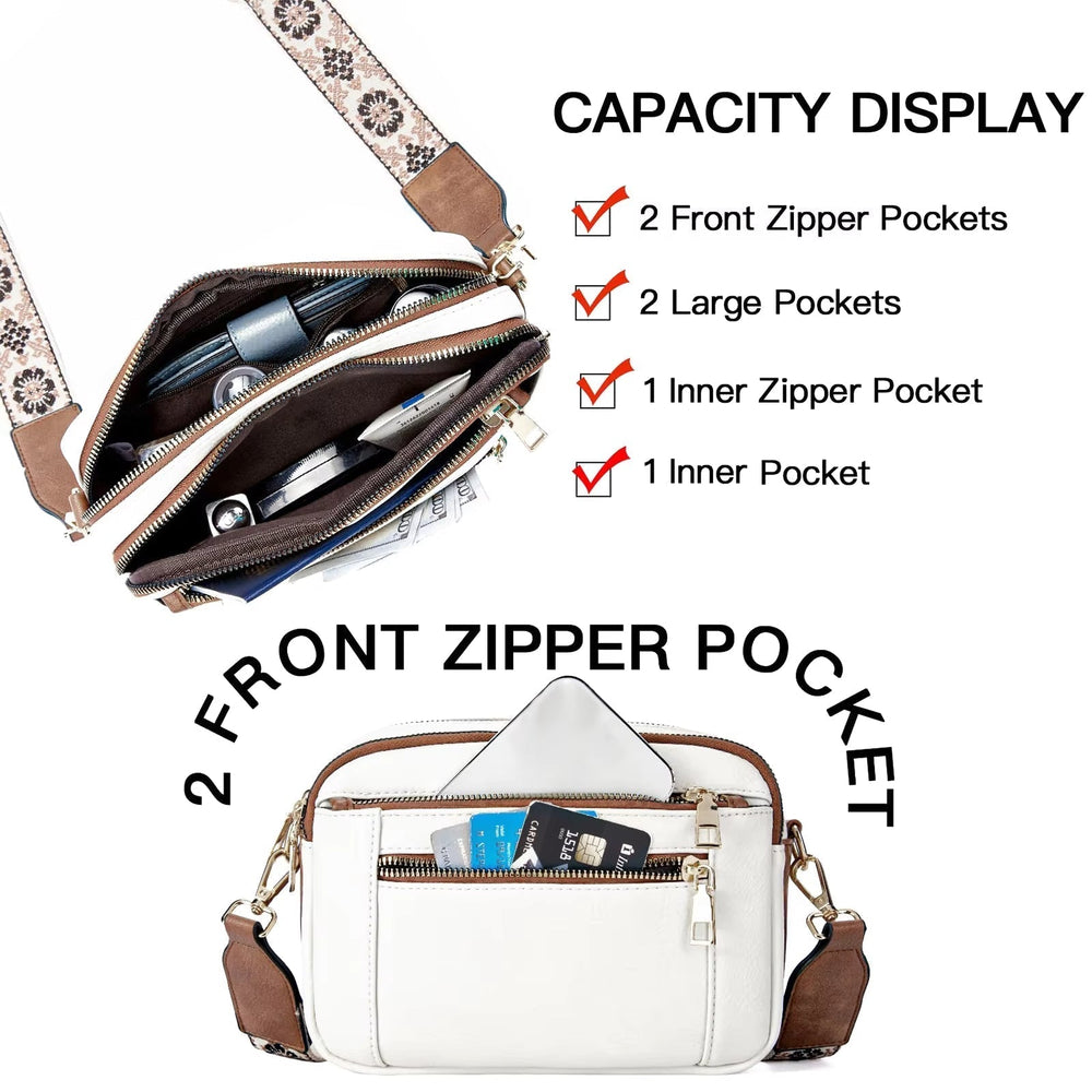 Borsa a tracolla bianca con tasche multiple, cerniere frontali, tracolla decorata. Ideale per organizzazione e moda. Accessorio donna elegante.
