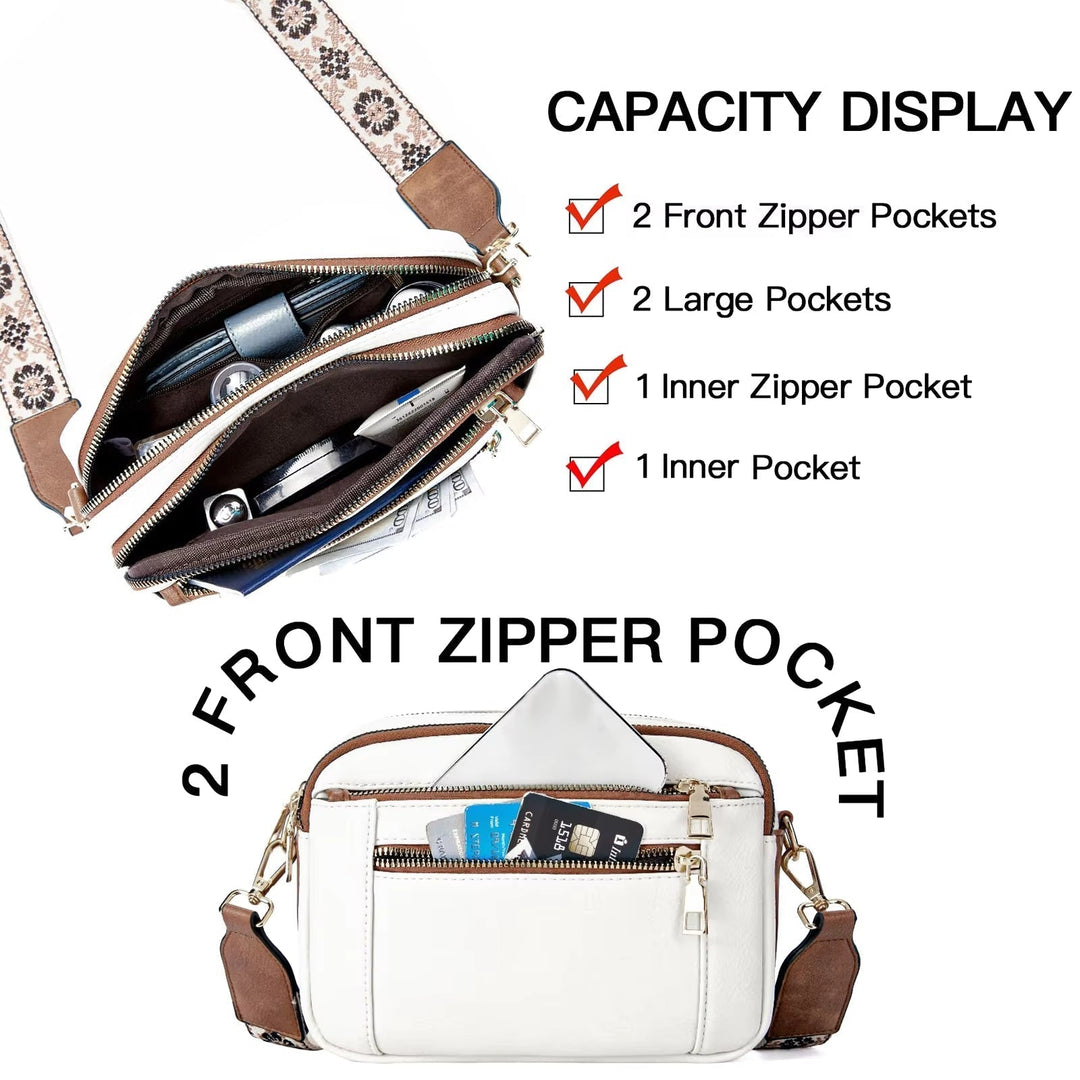 Borsa a tracolla bianca con tasche multiple, cerniere frontali, tracolla decorata. Ideale per organizzazione e moda. Accessorio donna elegante.