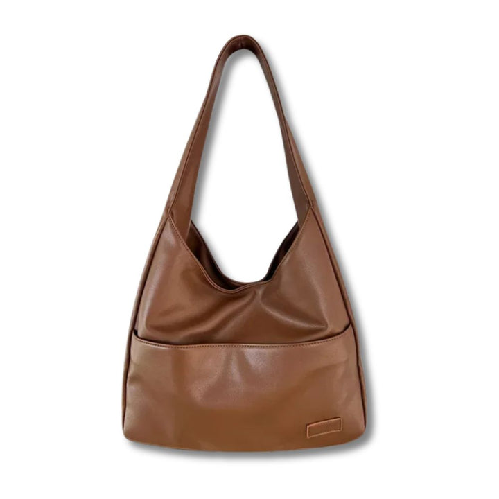 Borsa a spalla in pelle marrone, design elegante e moderno, ideale per moda donna. Accessorio versatile per ogni occasione.