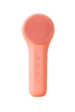 Spazzola viso elettrica in silicone arancione, con pulsanti di controllo. Dispositivo per pulizia profonda e massaggio viso. Accessorio skincare.
