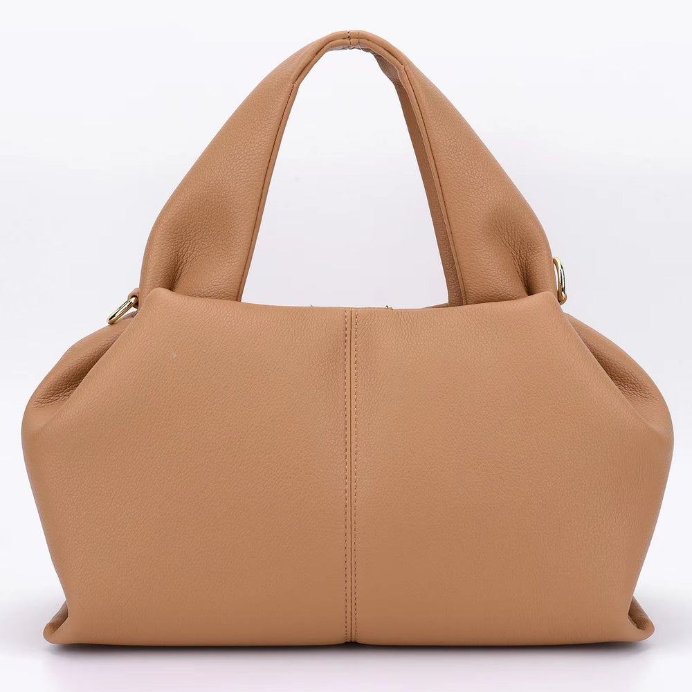 Borsa a mano in pelle marrone chiaro, design elegante e moderno, manici robusti, ideale per moda donna, accessorio di lusso, stile casual-chic.