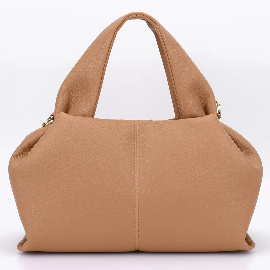 Borsa a mano in pelle marrone chiaro, design elegante e moderno, manici robusti, ideale per moda donna, accessorio di lusso, stile casual-chic.