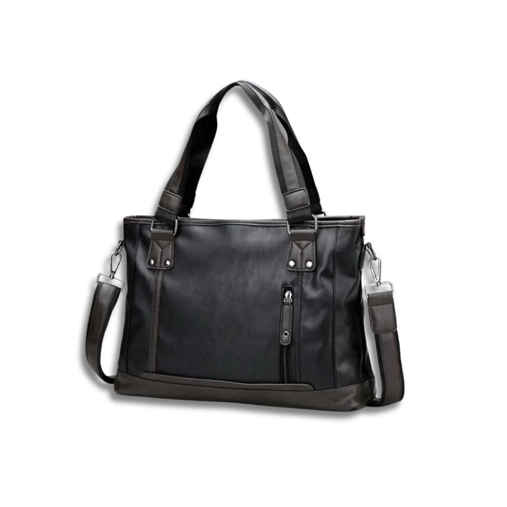 Borsa a tracolla in pelle nera con manici, tasca frontale con zip, dettagli metallici, design elegante e versatile per uomo e donna.