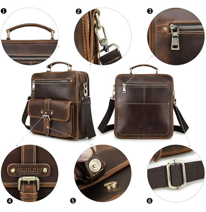 Borsa a tracolla in pelle marrone, design vintage, con cerniere robuste, manico superiore, tasche multiple e dettagli in metallo. Ideale per lavoro e viaggio.