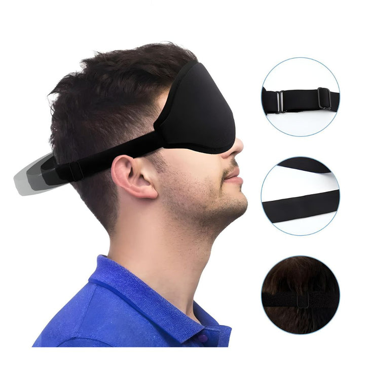 Maschera per dormire nera regolabile, uomo che la indossa, dettagli cinturino elastico, comfort, blocco luce, accessorio per il sonno.