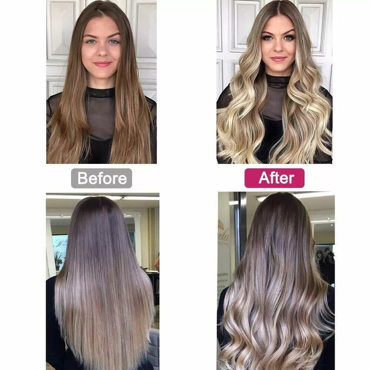 Prima e dopo trattamento capelli: trasformazione da capelli castani lisci a biondi ondulati. Risultato salone parrucchiere, effetto balayage.