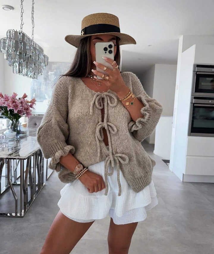 Cardigan Donna in Maglia con Fiocco Stile Elegante Autunnale - Vesarelli