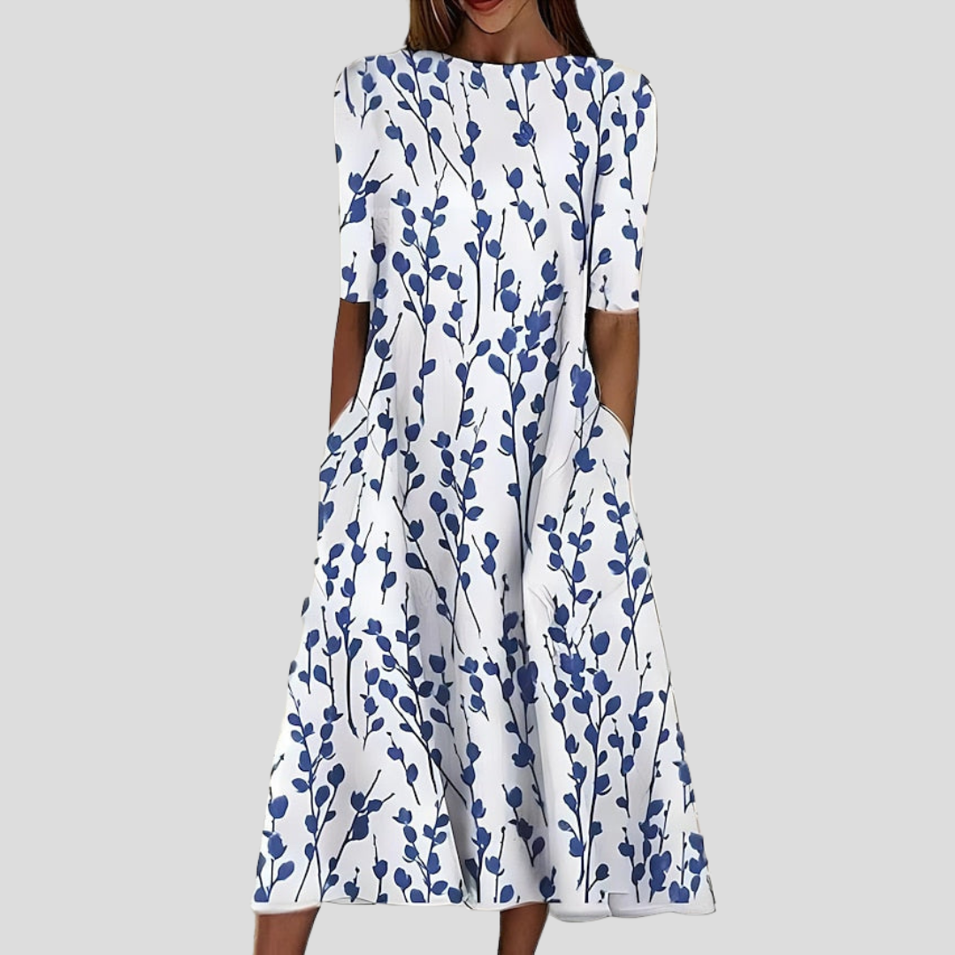 Abito Midi Donna Stampa Floreale Scollo Tondo Estivo - Vesarelli
