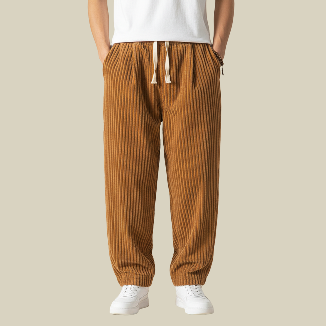 Pantaloni Uomo in Velluto a Coste Comodi Vita Elastica con Tasche