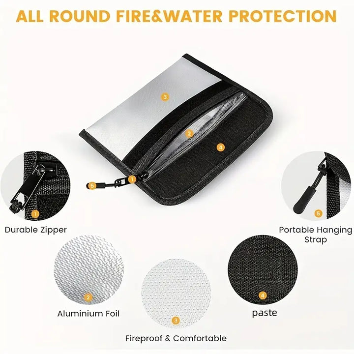Custodia ignifuga e impermeabile con cerniera resistente, tracolla portatile, rivestimento in alluminio, ideale per protezione documenti e oggetti di valore.