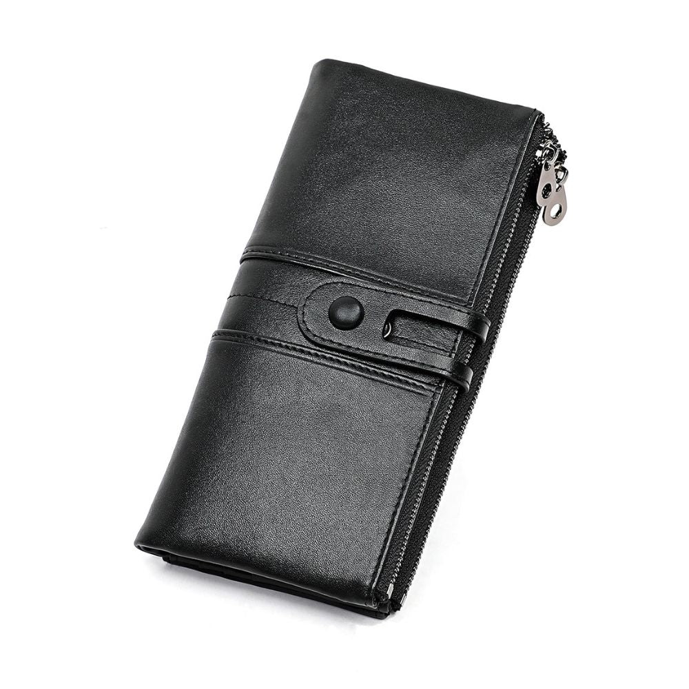 Portafoglio donna in pelle nera con chiusura a bottone e cerniera laterale, design elegante e spazioso, accessorio moda essenziale.