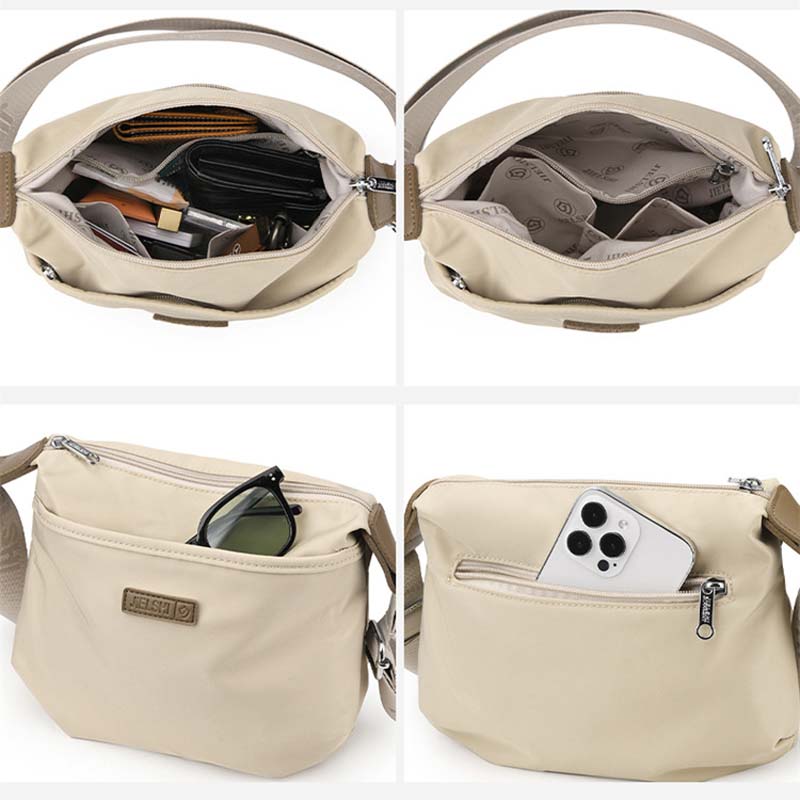 Borsa a tracolla beige in nylon impermeabile, con tasche multiple, ideale per organizzare accessori, portafoglio, occhiali e smartphone.