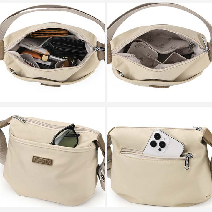 Borsa a tracolla beige in nylon impermeabile, con tasche multiple, ideale per organizzare accessori, portafoglio, occhiali e smartphone.