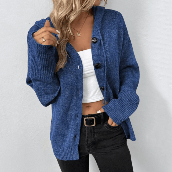 Cardigan Gilet Donna in Maglia con Cappuccio Scollo a V Abbottonato