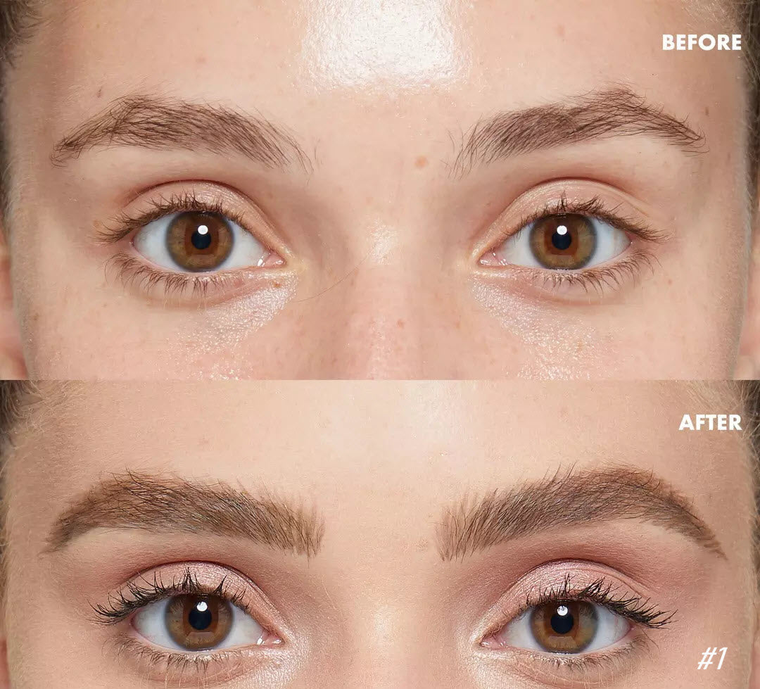 Prima e dopo trattamento sopracciglia: sopracciglia più piene e definite, trucco occhi naturale. Risultati visibili, bellezza viso migliorata.