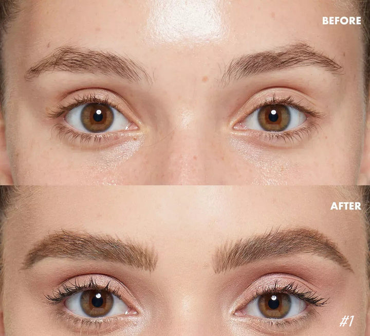 Prima e dopo trattamento sopracciglia: sopracciglia più piene e definite, trucco occhi naturale. Risultati visibili, bellezza viso migliorata.