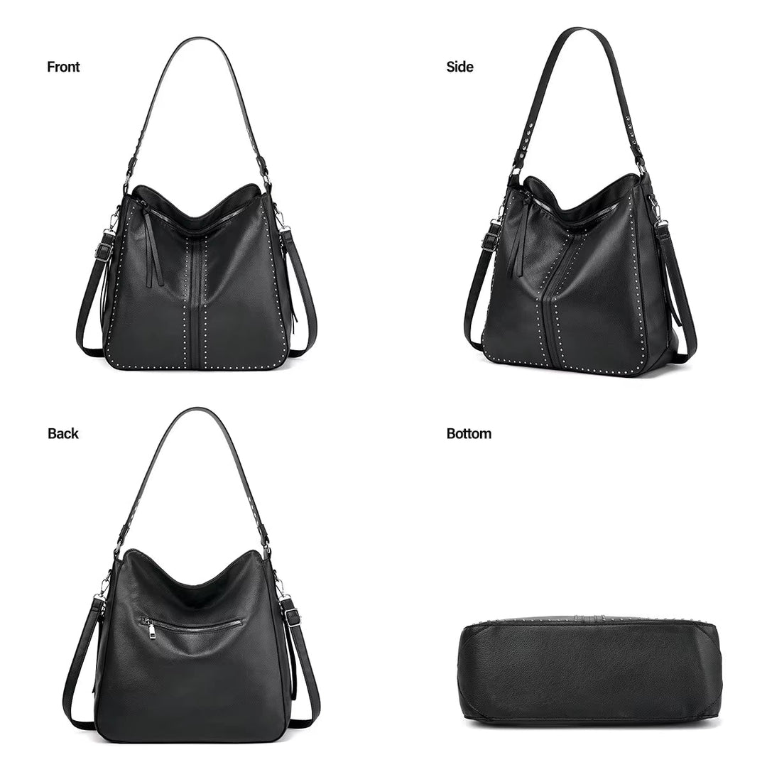 Borsa a tracolla in pelle nera, vista frontale, laterale, posteriore e inferiore. Design elegante con dettagli metallici, ideale per moda femminile.