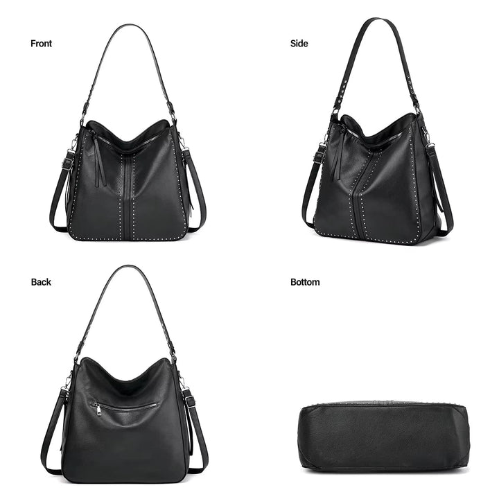 Borsa a tracolla in pelle nera, vista frontale, laterale, posteriore e inferiore. Design elegante con dettagli metallici, ideale per moda femminile.