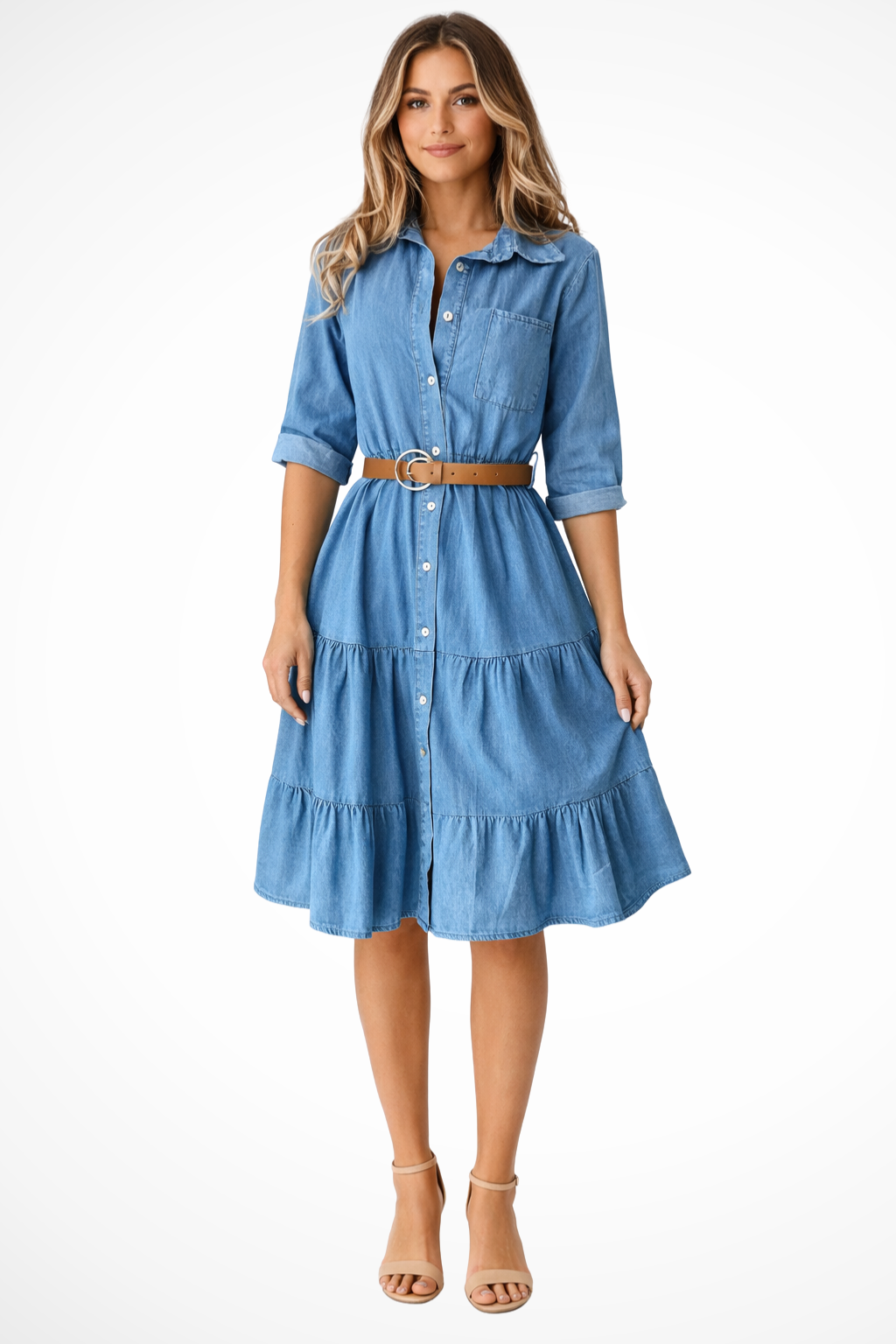 Abito Chemisier Donna in Denim Midi a Balze con Cintura Casual - Vesarelli