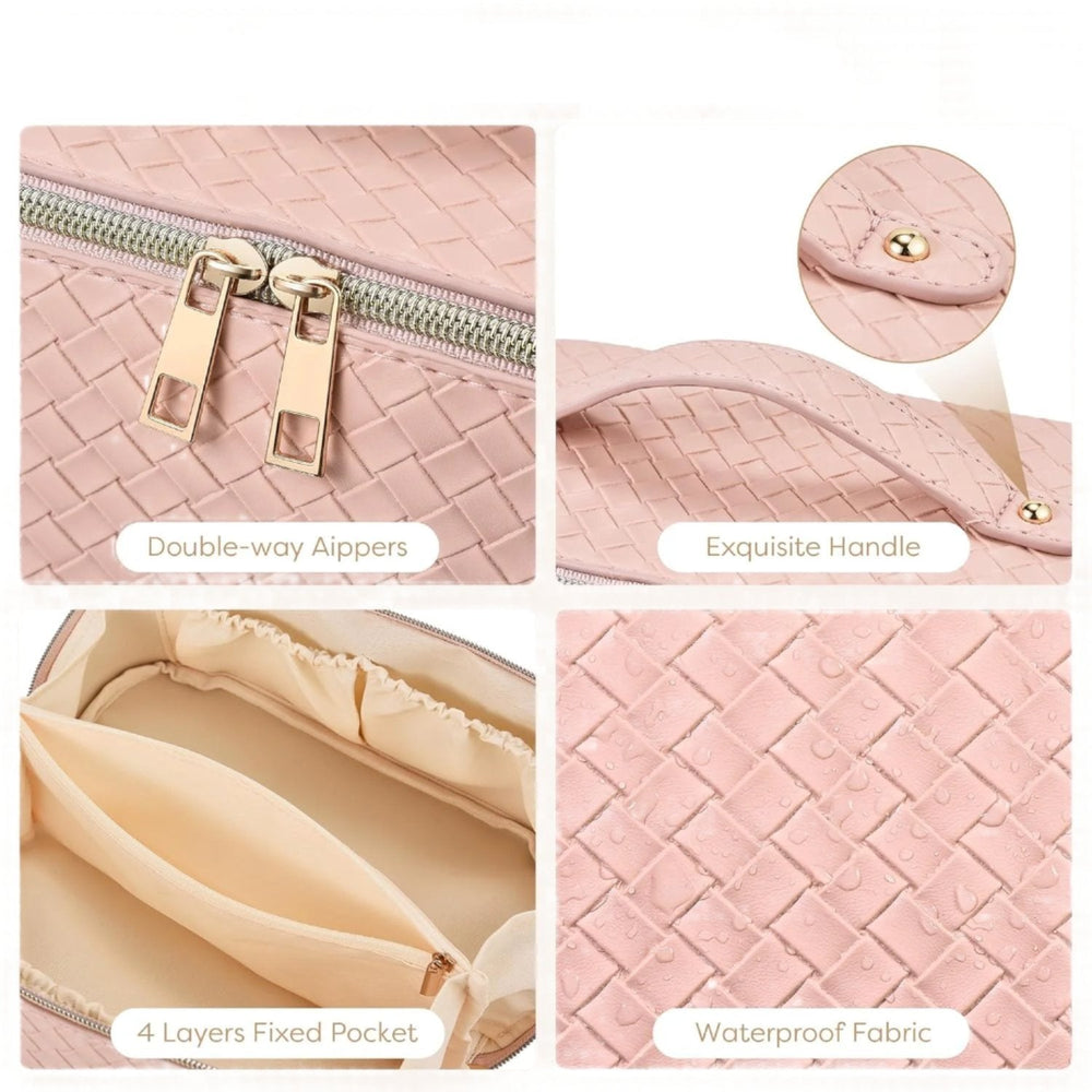 Borsa da viaggio rosa in tessuto impermeabile con manico elegante, cerniere doppie e tasca interna a 4 strati. Design intrecciato.