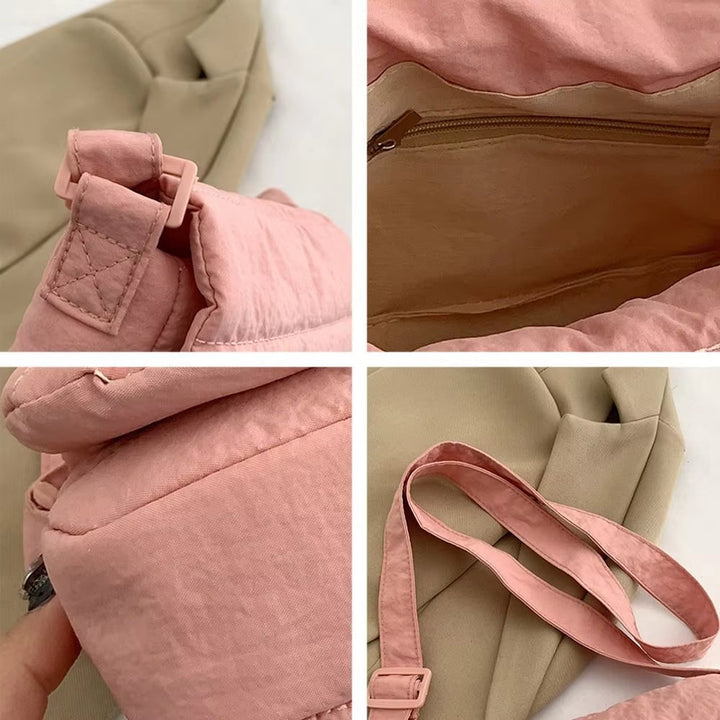 Zaino in tessuto rosa con dettagli beige, tasca interna con zip, spallacci regolabili. Design moderno e funzionale per uso quotidiano.