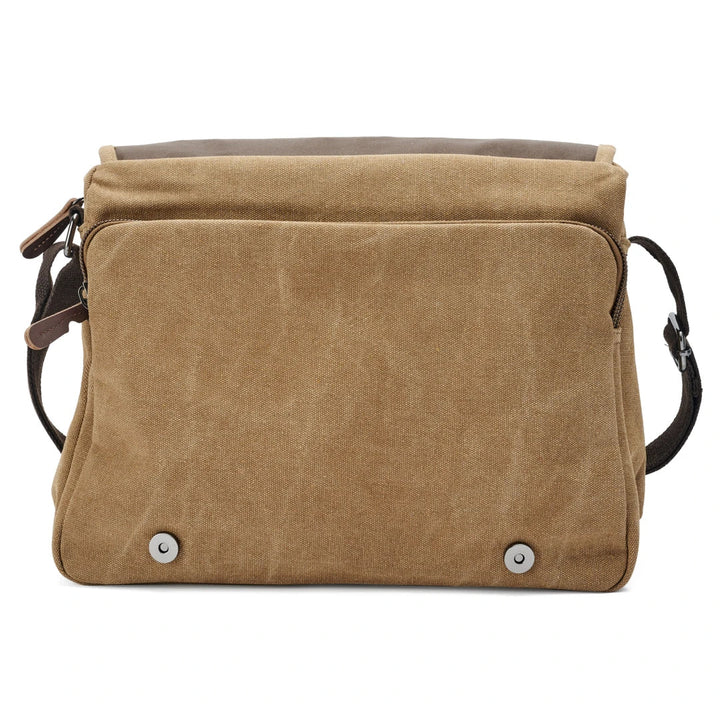 Borsa a tracolla in tela marrone, design vintage, con tasca frontale e chiusura a zip. Ideale per uomo e donna, perfetta per uso quotidiano.