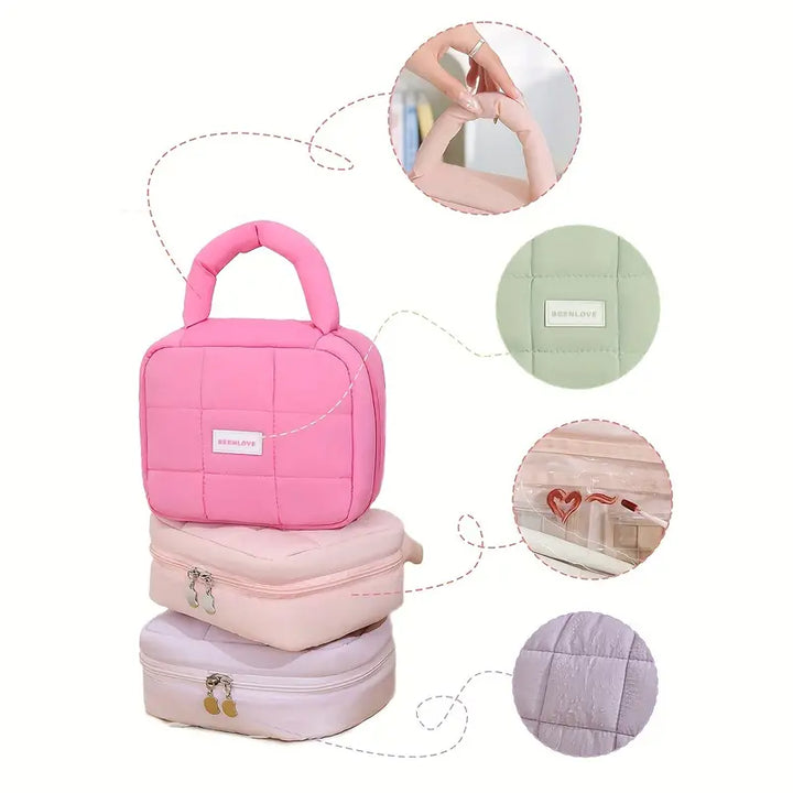 Borsa termica rosa trapuntata con manico, dettagli in primo piano di cuciture e chiusura. Design elegante e funzionale per il trasporto di alimenti.