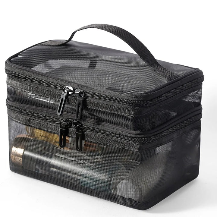 Borsa trasparente da viaggio in rete nera con doppia cerniera, ideale per cosmetici e articoli da toeletta, pratica e resistente all'acqua.