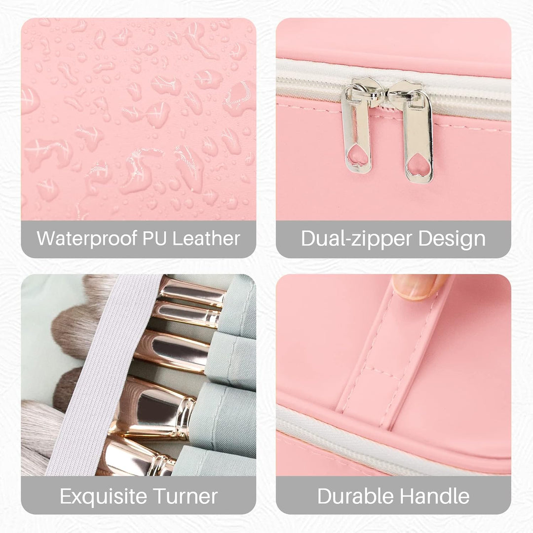 Custodia trucco rosa in pelle PU impermeabile, design a doppia cerniera, manico resistente, scomparti per pennelli, ideale per viaggi e organizzazione.