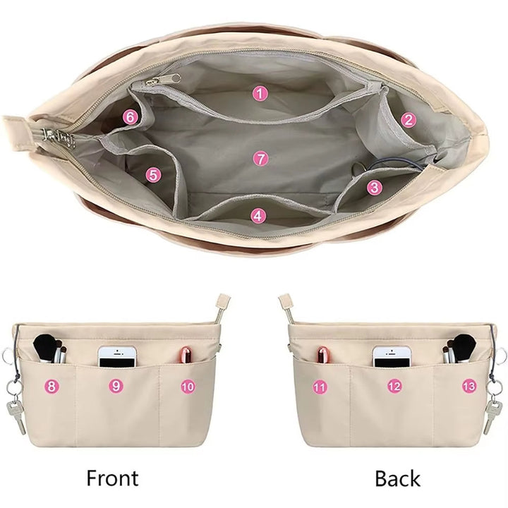 Organizer borsa beige con tasche multiple, scomparti numerati, adatto per smartphone, cosmetici e accessori. Ideale per organizzazione efficiente.