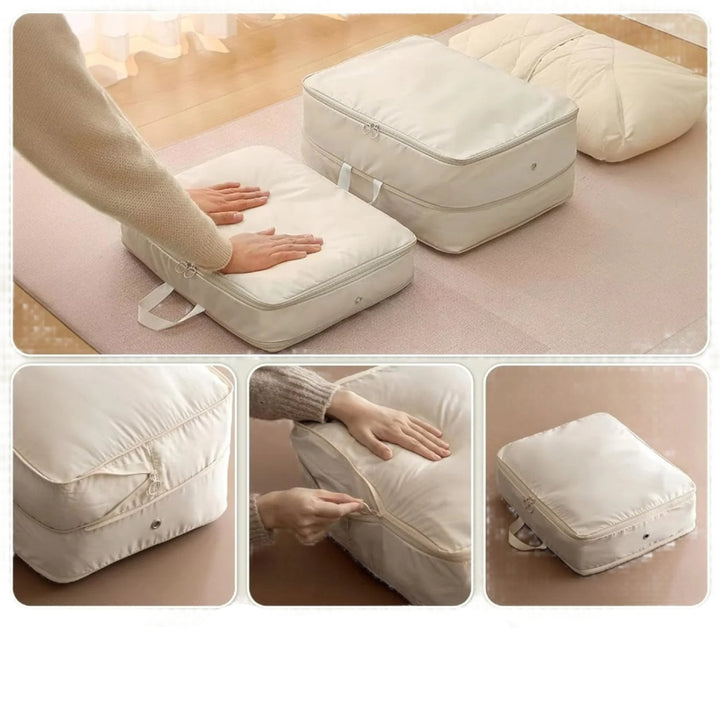 Cuscino futon pieghevole beige, multifunzionale, con cerniera e maniglie, ideale per risparmiare spazio e facile da trasportare.