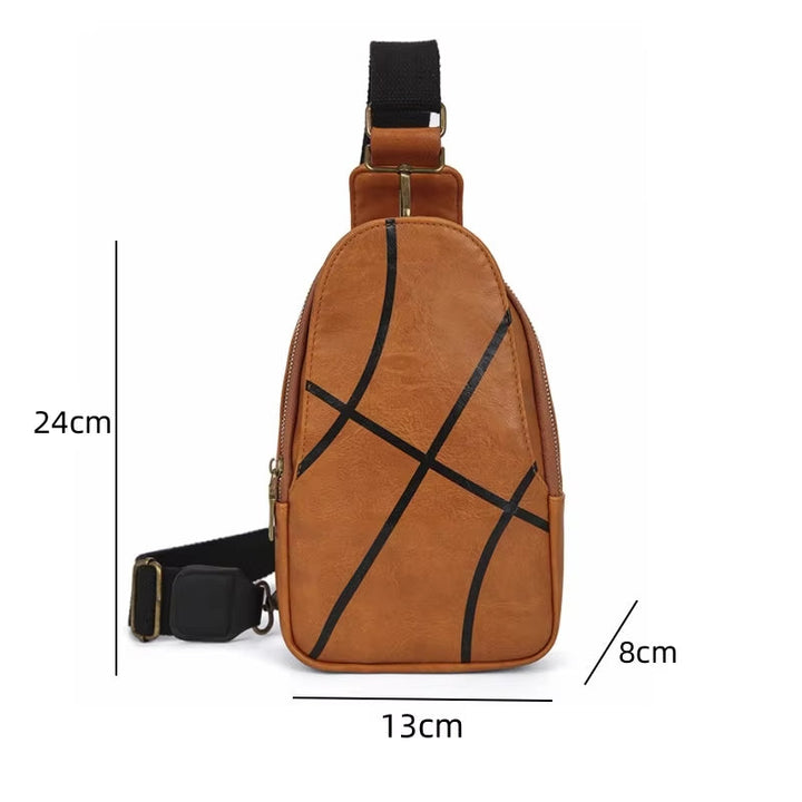Zaino monospalla in pelle marrone con design a righe nere, dimensioni 24x13x8 cm. Borsa a tracolla elegante e compatta per uomo e donna.
