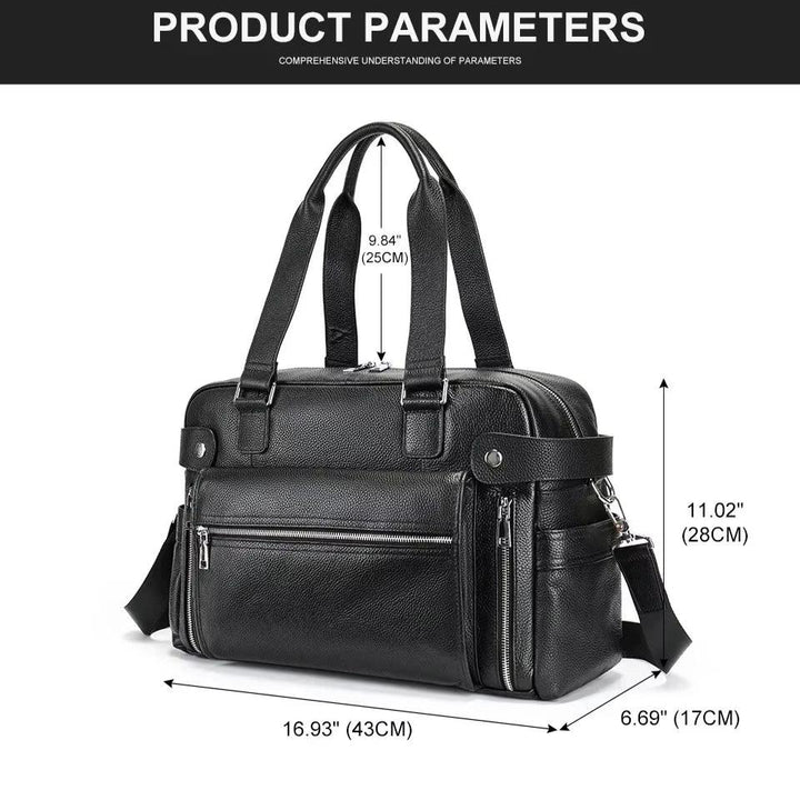 Borsa a tracolla in pelle nera, dimensioni 43x17x28 cm, con tasche multiple e manici robusti. Elegante e funzionale per lavoro o viaggio.