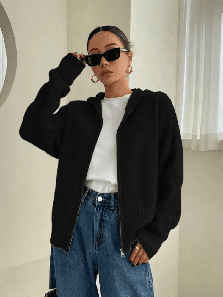 Felpa Donna in Maglia con Cappuccio e Cerniera