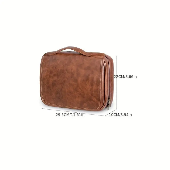 Borsa da viaggio in pelle marrone, dimensioni 29,5x22x10 cm, elegante e pratica, ideale per organizzare accessori e cosmetici.