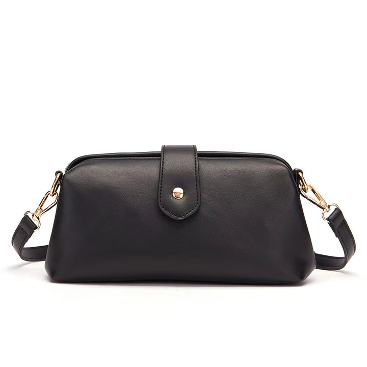 Borsa a tracolla in pelle nera elegante, chiusura a bottone, dettagli in metallo dorato, design minimalista, accessorio moda donna.