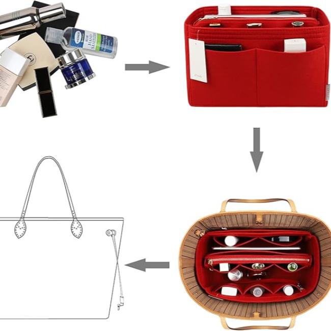 Organizzatore borsa rosso con tasche multiple, ideale per cosmetici e accessori. Perfetto per borse grandi, migliora l'ordine e l'accessibilità.