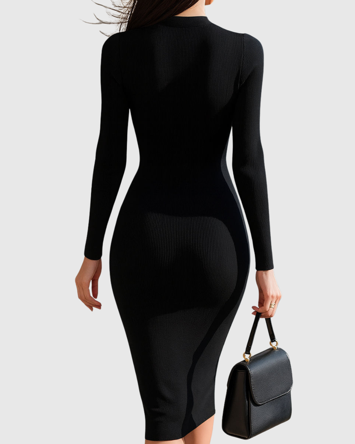 Abito Midi Donna Maglia a Coste Zip Frontale Vestibilità Avvolgente