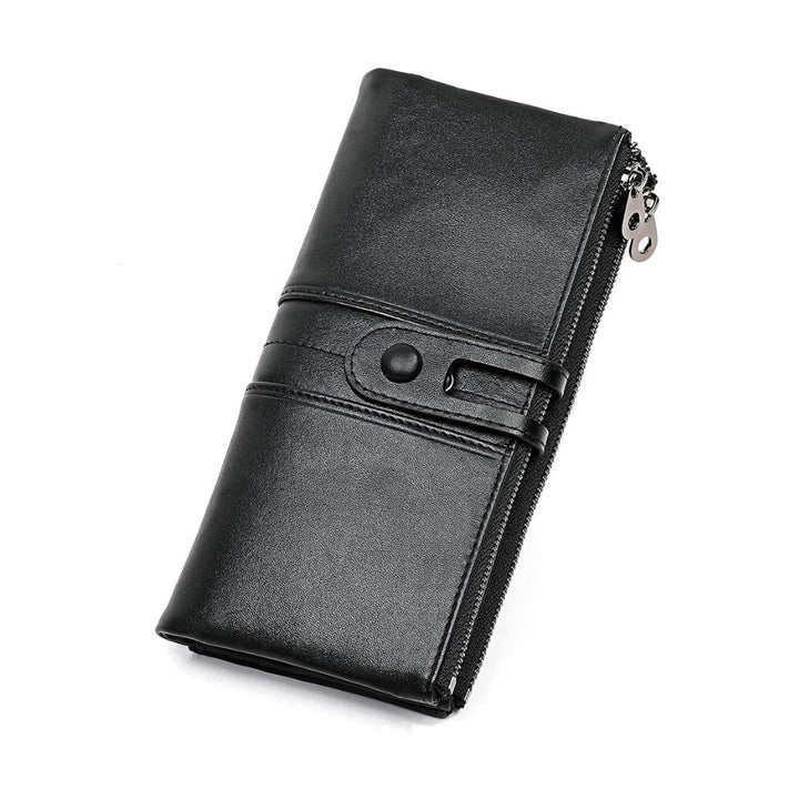 Portafoglio donna in pelle nera con chiusura a bottone e cerniera, design elegante e spazioso, accessorio moda essenziale.