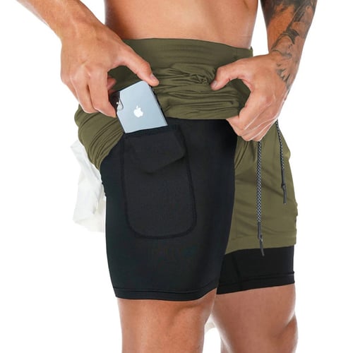 Pantaloncini sportivi da uomo verde e nero con tasca per smartphone, design elastico, ideali per corsa e fitness.