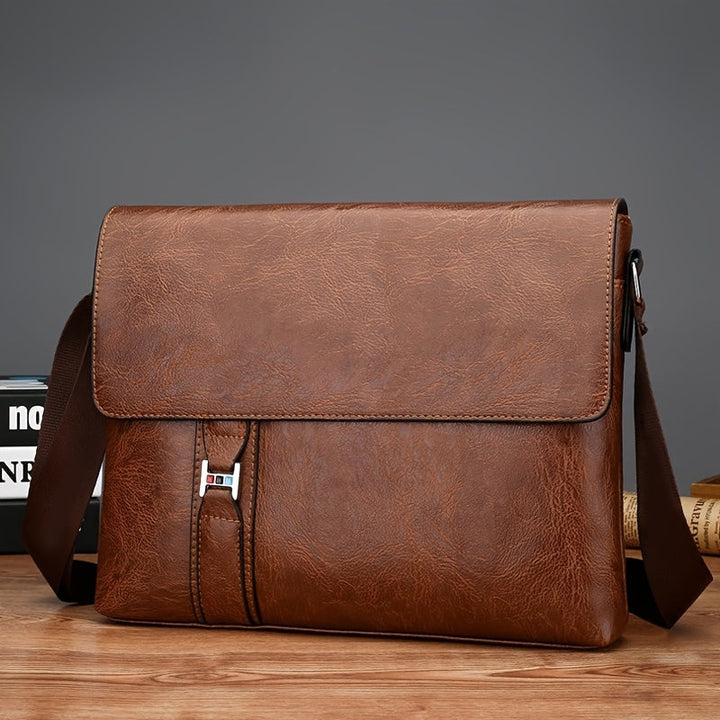 Borsa a tracolla in pelle marrone, design elegante, chiusura a fibbia, ideale per lavoro e viaggio. Accessorio moda uomo, stile classico.