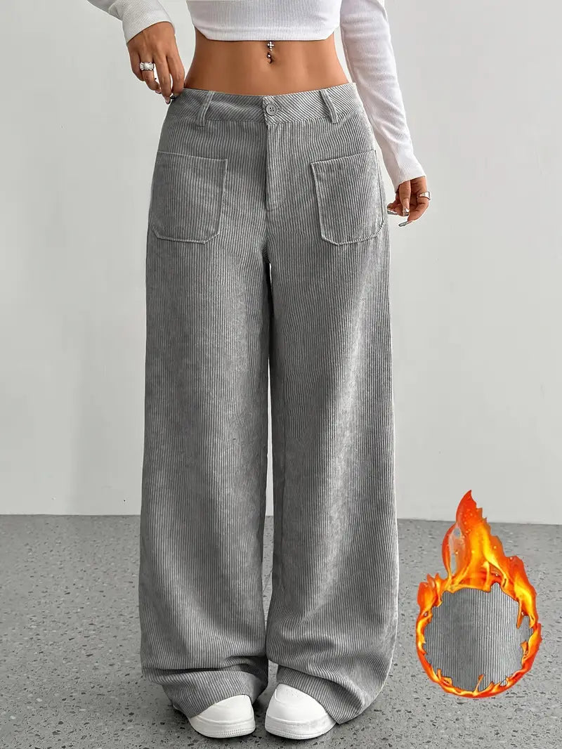 Pantaloni Donna a Coste Vita Alta Gamba Larga
