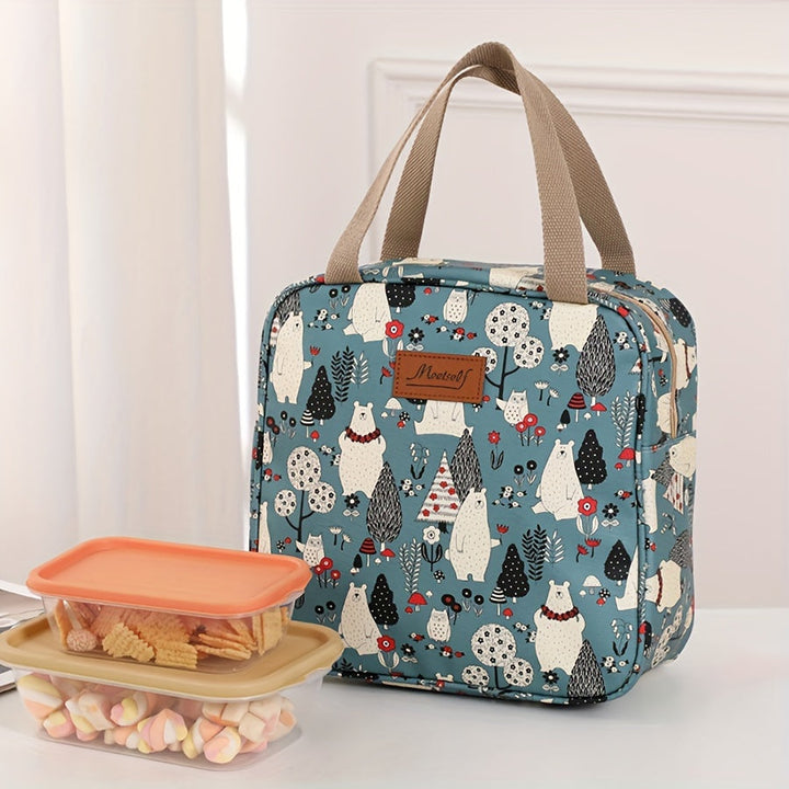 Borsa termica per pranzo con motivo orsi e alberi, manici beige. Include contenitore per alimenti con coperchio arancione. Perfetta per scuola o ufficio.