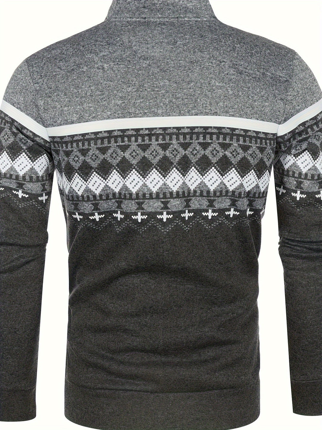 Maglione uomo grigio scuro con motivo geometrico bianco e grigio, maniche lunghe, collo alto, ideale per l'inverno.