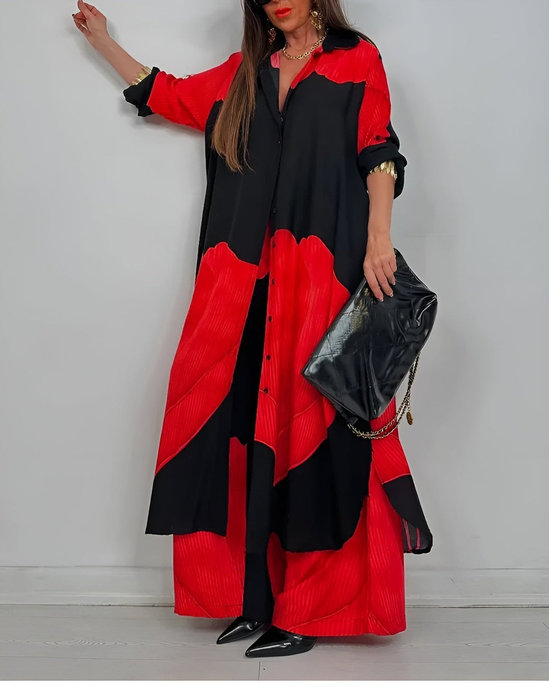 Completo Donna Camicia Colletto Bottoni Pantaloni Vita Alta Gamba