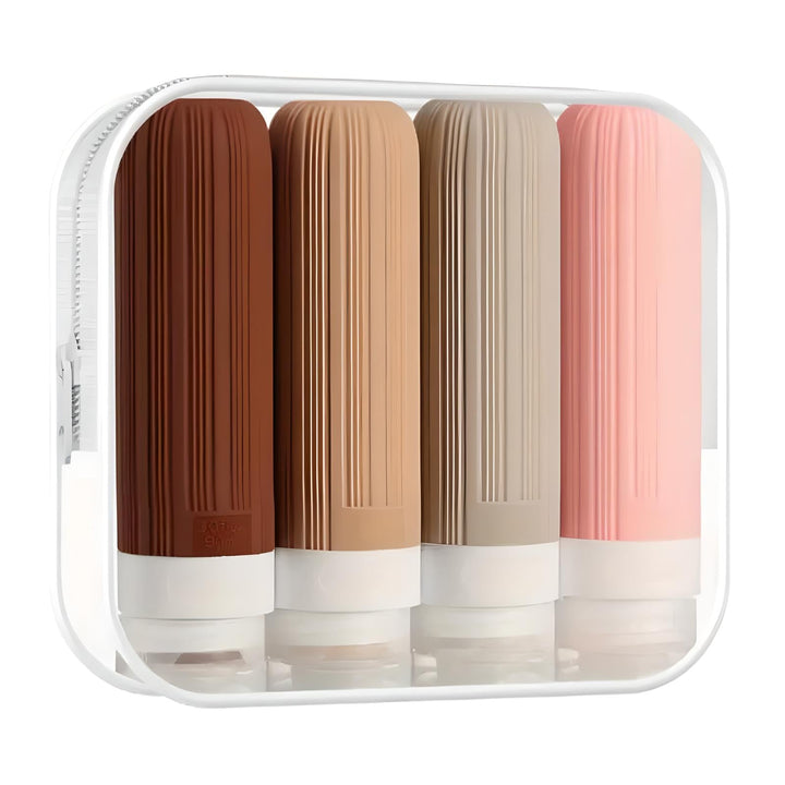Set di flaconi da viaggio in silicone multicolore, riutilizzabili, con custodia trasparente. Ideali per shampoo, lozioni, cosmetici.