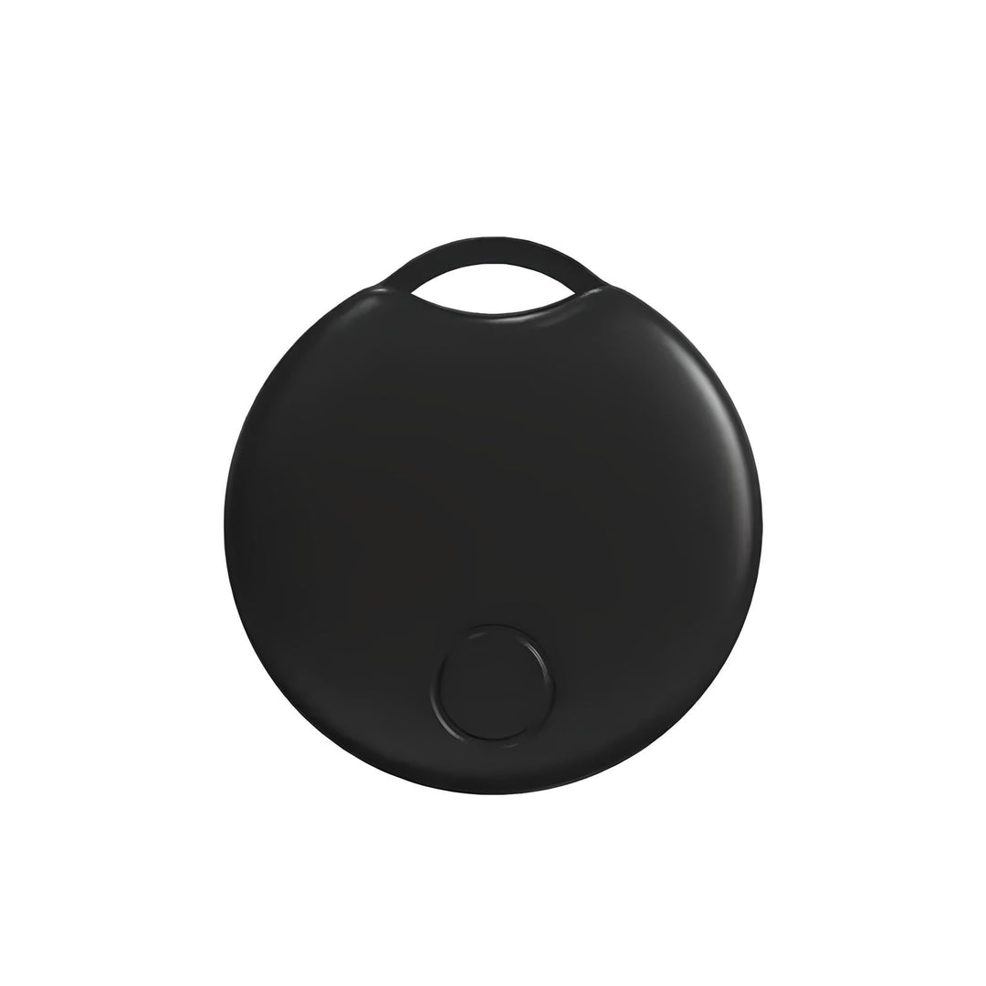 Dispositivo di localizzazione Bluetooth nero, compatto e rotondo, con foro per portachiavi. Ideale per tracciare oggetti personali.