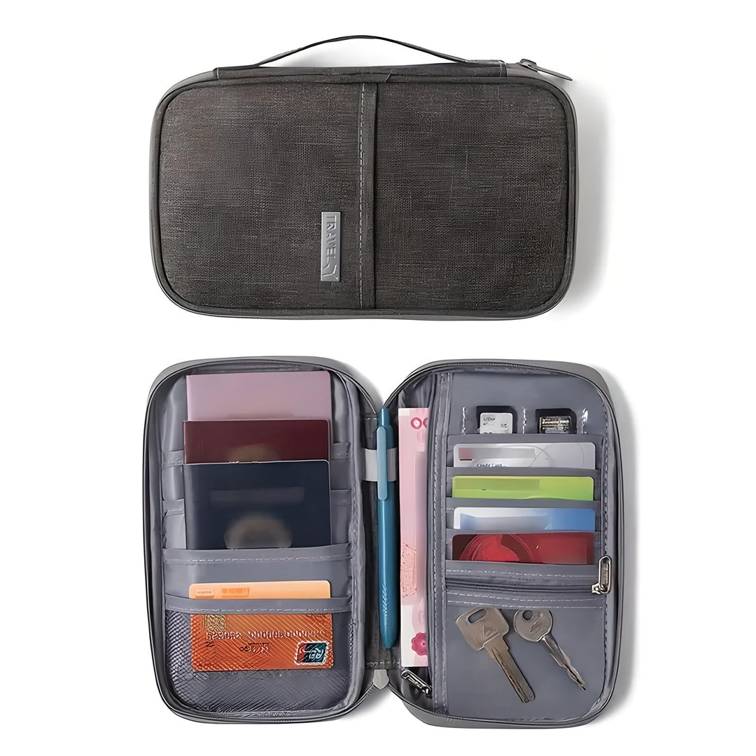 Custodia organizer da viaggio in tessuto grigio, con scomparti per passaporti, carte di credito, penne, chiavi e schede SD. Ideale per viaggi sicuri.