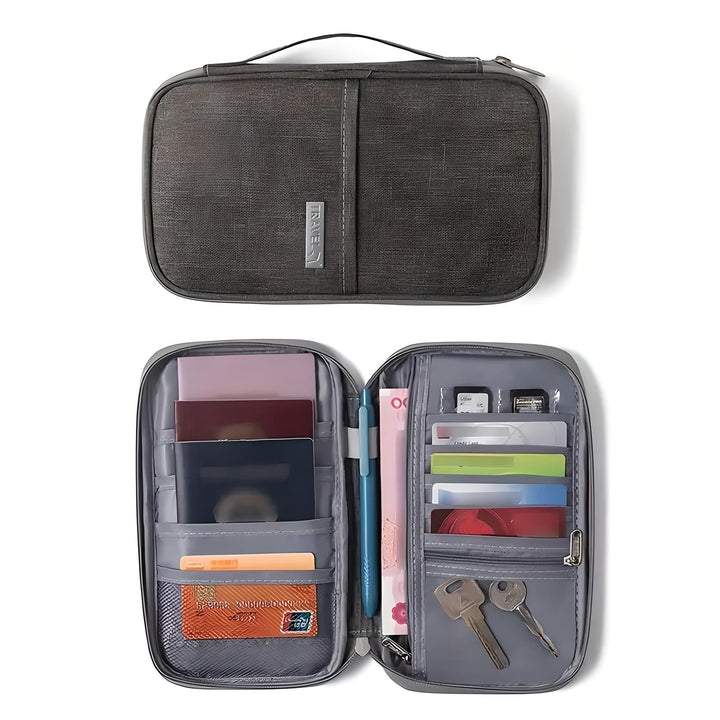 Custodia organizer da viaggio in tessuto grigio, con scomparti per passaporti, carte di credito, penne, chiavi e schede SD. Ideale per viaggiatori.