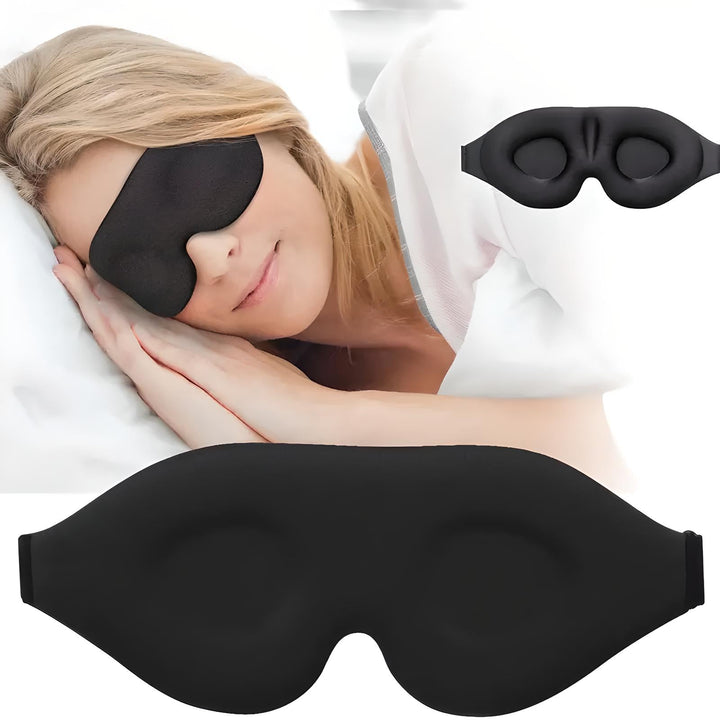 Donna che indossa maschera per dormire nera in memory foam, design ergonomico, comfort ottimale per il sonno. Accessorio relax e benessere.